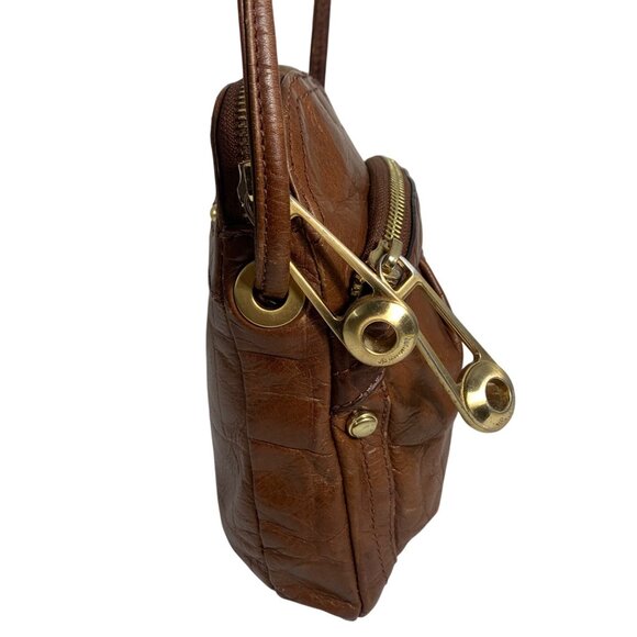 B MAKOWSKY Brown Leather Crossbody Handbag w/ Texture Gold Safety Pin Zip Pulls - Picture 5 of 16
